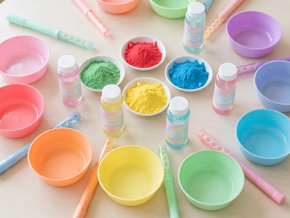Kolorowe obręcze do baniek, miski i proszki holi na stole